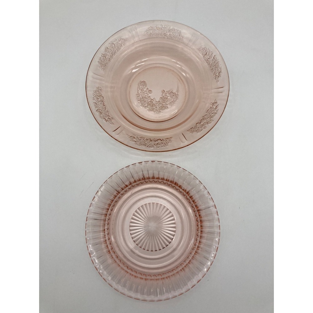 Pink Depression Glass Bowl Federal Sharon Cabbage Rose & Ribbed Plate Lot of 2